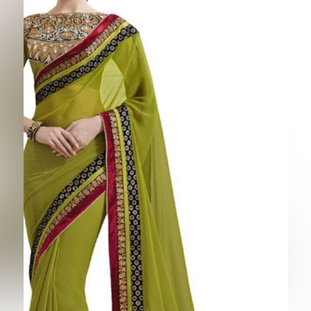 New saree with stitched blouse two piece set. Indian outfit sari olive green